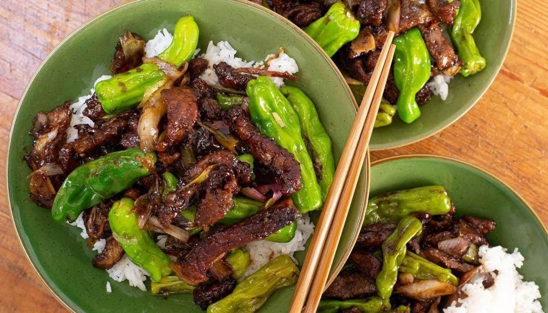 Shredded beef and shishito peppers